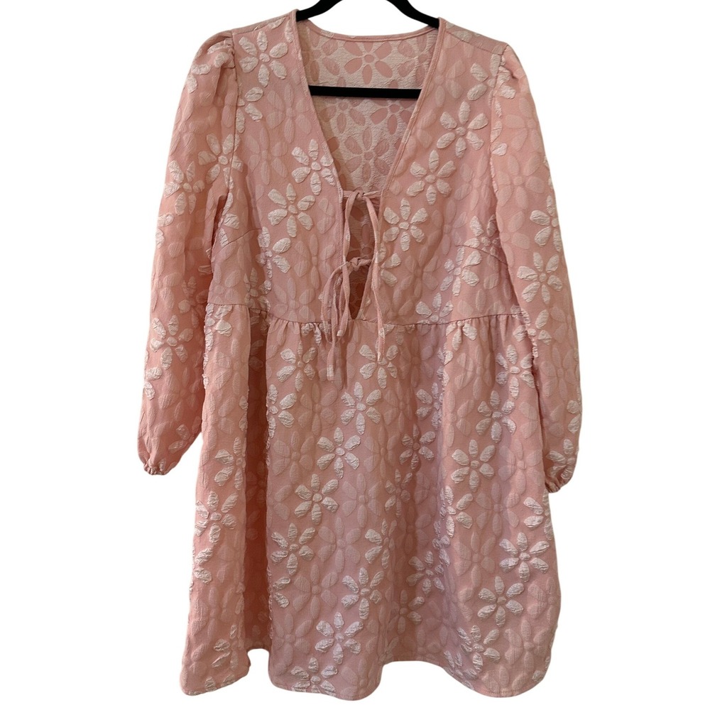SHEIN Curve‎ Pink Floral Tie Front Babydoll Mini Dress 0XL Plus Size Feminine